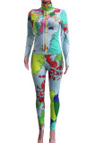 Blue Print Patchwork Turtleneck Long Sleeve Two Pieces