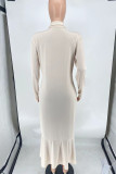 Cream White Casual Solid Buttons Turndown Collar Trumpet Mermaid Plus Size Dresses