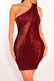 Red Sexy Patchwork Sequins Tear Backless One Shoulder Sleeveless Dress