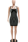 Black Sexy Solid Patchwork Hot Drill Spaghetti Strap One Step Skirt Dresses