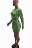 Green Sexy Striped Print Patchwork O Neck Long Sleeve Two Pieces