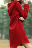 Red Casual Print Patchwork Pocket Hooded Collar Straight Dresses