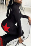 Black Fashion Casual The stars Patchwork Slit Skinny High Waist Trousers