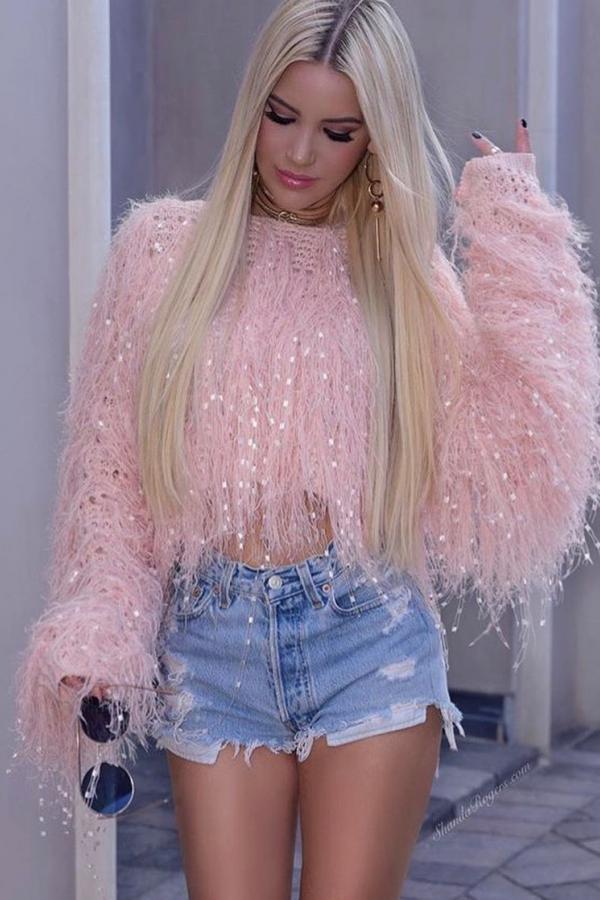 Pink knitting O Neck Long Sleeve HOLLOWED OUT tassel Solid 