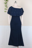 Tibetan Blue Fashion Patchwork Solid Slit Beading Oblique Collar Evening Dress
