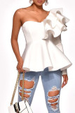 White One Shoulder Collar Long Sleeve Solid Patchwork ruffle