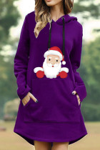Purple Casual Print Split Joint Pocket Hooded Collar Straight Dresses