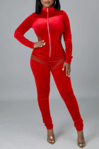 Red Sexy Solid Split Joint See-through Zipper Collar Regular Jumpsuits