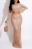 Apricot Fashion Sexy Patchwork Sequins Slit O Neck Long Sleeve Two Pieces