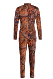 Orange Sexy Print Patchwork Zipper Zipper Collar Regular Jumpsuits