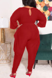 Blue Casual Solid Split Joint Fold O Neck Plus Size Jumpsuits