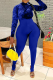 Deep Blue Sexy Solid Patchwork Turtleneck Skinny Jumpsuits