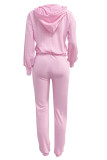 Pink Fashion Casual Solid Ripped Hollowed Out Hooded Collar Long Sleeve Two Pieces