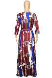 Burgundy Fashion Casual Plus Size Print Bandage V Neck Long Dress