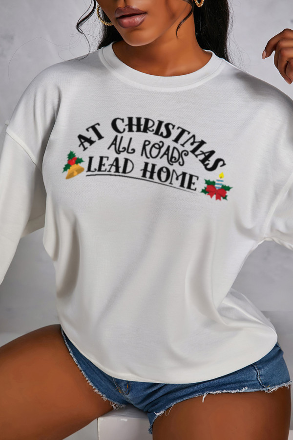 White Fashion Party Print Patchwork O Neck Tops