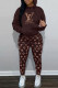 Dark Brown Fashion Casual Letter Print Patchwork Hooded Collar Long Sleeve Two Pieces