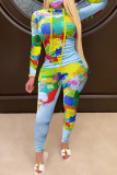 Blue Print Patchwork Turtleneck Long Sleeve Two Pieces