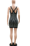 Black Sexy Solid Patchwork Hot Drill Spaghetti Strap One Step Skirt Dresses