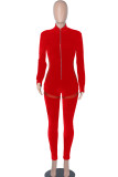 Red Sexy Solid Patchwork See-through Zipper Collar Regular Jumpsuits