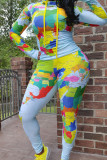 Blue Print Patchwork Turtleneck Long Sleeve Two Pieces