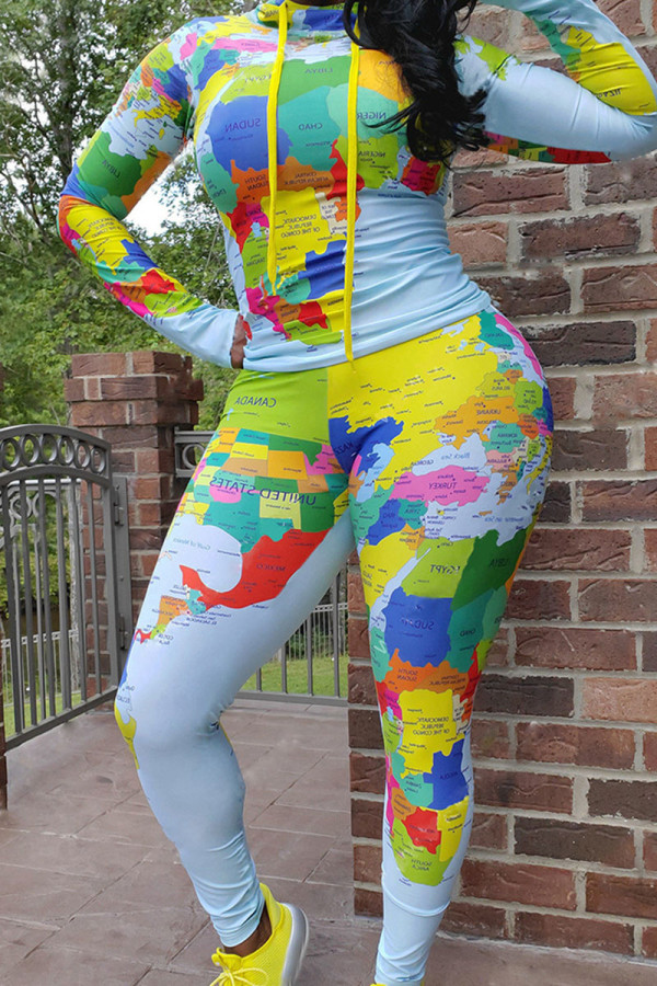 Blue Print Patchwork Turtleneck Long Sleeve Two Pieces