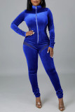 Colorful Blue Sexy Solid Patchwork See-through Zipper Collar Regular Jumpsuits