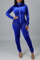 Colorful Blue Sexy Solid Split Joint See-through Zipper Collar Regular Jumpsuits