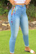Light Blue Fashion Casual Solid Bandage Mid Waist Skinny Denim Jeans