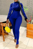 Deep Blue Sexy Solid Patchwork Turtleneck Skinny Jumpsuits