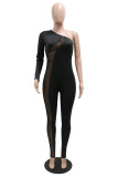 Black Sexy Casual Patchwork See-through Oblique Collar Skinny Jumpsuits
