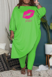 Fluorescent Green Fashion Casual Letter Lips Printed Asymmetrical O Neck Plus Size Two Pieces