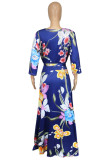 Blue Fashion Casual Plus Size Print Bandage V Neck Long Dress
