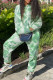 Green Casual Print Tie Dye Patchwork O Neck Long Sleeve Two Pieces