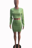 Green Sexy Striped Print Patchwork O Neck Long Sleeve Two Pieces