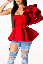 Red One Shoulder Collar Long Sleeve Solid Patchwork ruffle