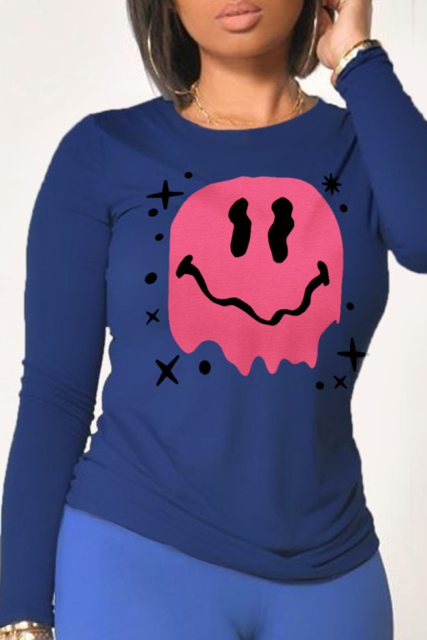 Navy Blue Casual Cute Print Patchwork O Neck Tops
