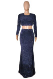 Blue Fashion Sexy Patchwork Sequins Slit O Neck Long Sleeve Two Pieces