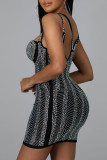 Black Sexy Solid Patchwork Hot Drill Spaghetti Strap One Step Skirt Dresses