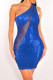 Blue Sexy Patchwork Sequins Tear Backless One Shoulder Sleeveless Dress