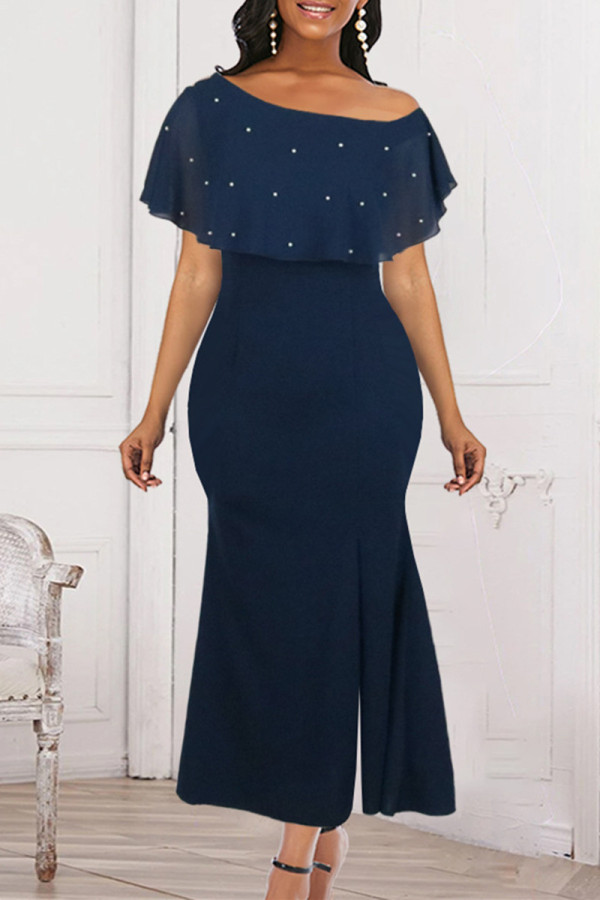 Tibetan Blue Fashion Patchwork Solid Slit Beading Oblique Collar Evening Dress