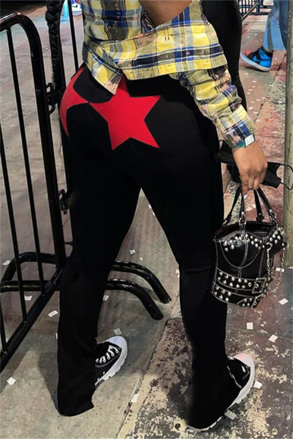 Black Fashion Casual The stars Patchwork Slit Skinny High Waist Trousers