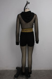 Black Fashion Sexy Patchwork See-through Hooded Collar Long Sleeve Two Pieces