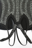 Black Sexy Solid Patchwork Hot Drill Spaghetti Strap One Step Skirt Dresses