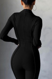 Black Fashion Casual Solid Split Joint Turtleneck Skinny Jumpsuits