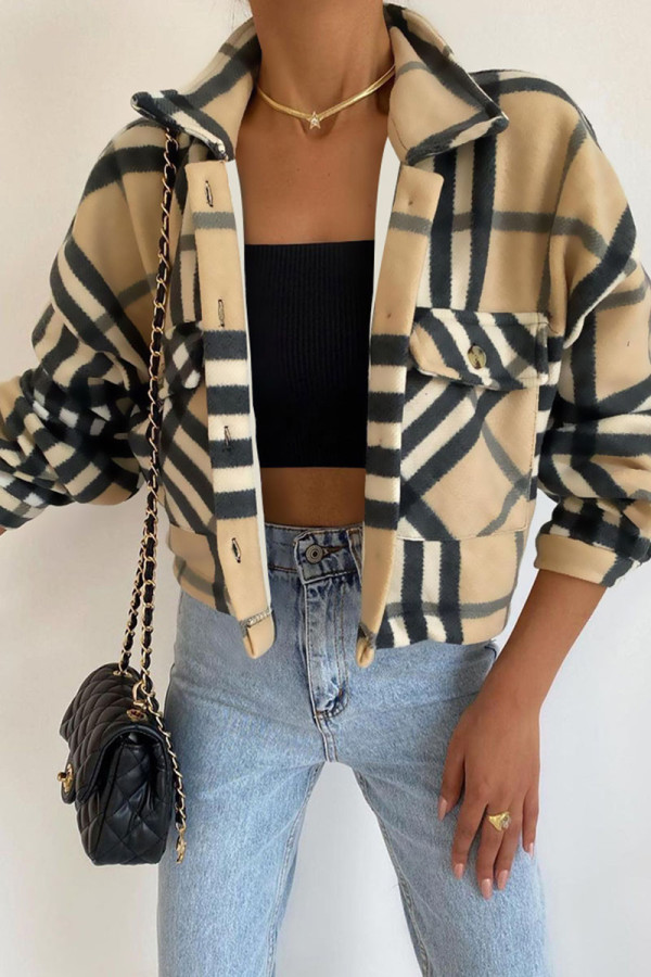 Khaki Casual Print Patchwork Pocket Buckle Turndown Collar Outerwear