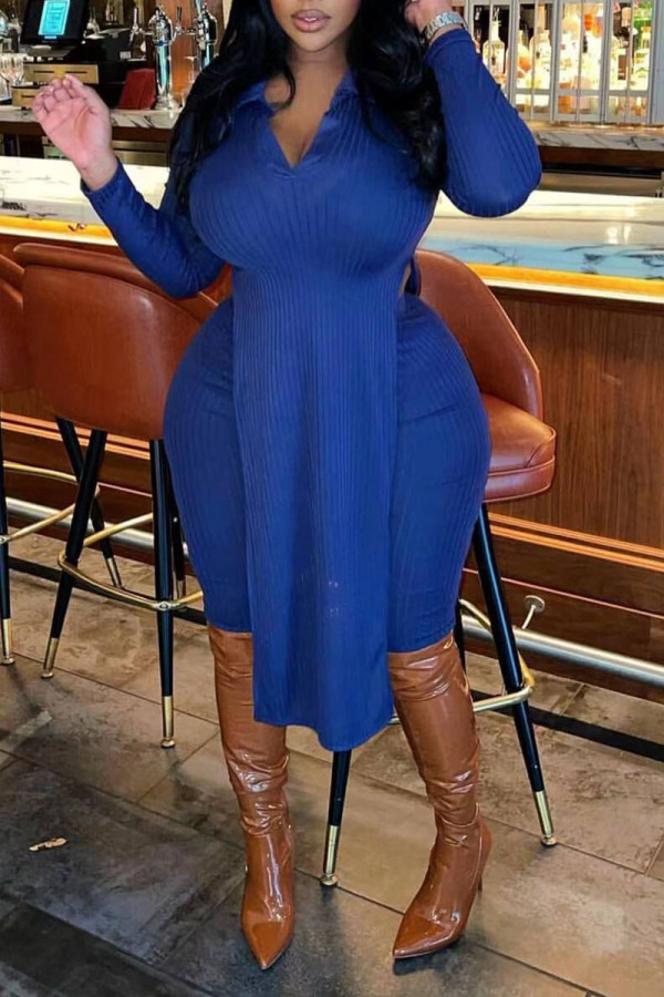 Blue Sexy Solid Patchwork Slit Asymmetrical Turndown Collar Long Sleeve Two Pieces