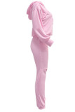 Pink Fashion Casual Solid Ripped Hollowed Out Hooded Collar Long Sleeve Two Pieces