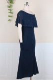 Tibetan Blue Fashion Patchwork Solid Slit Beading Oblique Collar Evening Dress