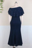Tibetan Blue Fashion Patchwork Solid Slit Beading Oblique Collar Evening Dress