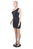 Black Sexy Patchwork Sequins Tear Backless One Shoulder Sleeveless Dress